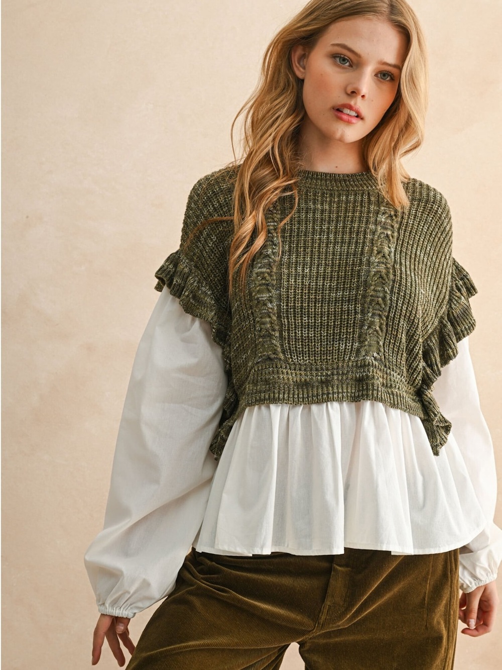 Ruffled Olive Green Cropped Cable Knit Sweater